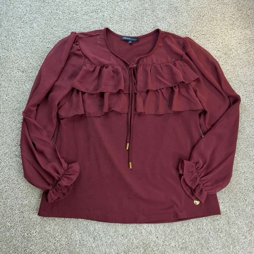 Adrienne Vittadini Blouse Womens XL Red Ruffle Long Sleeve Scoop Neck Top